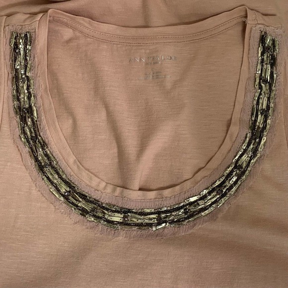 Ann Taylor Tank Top Women's Tan Pink Raw Edge Jeweled Neck Sleeveless Shirt - Picture 6 of 9